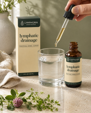 Dropper above a glass of water beside the Lymphoria Drainage bottle and carton